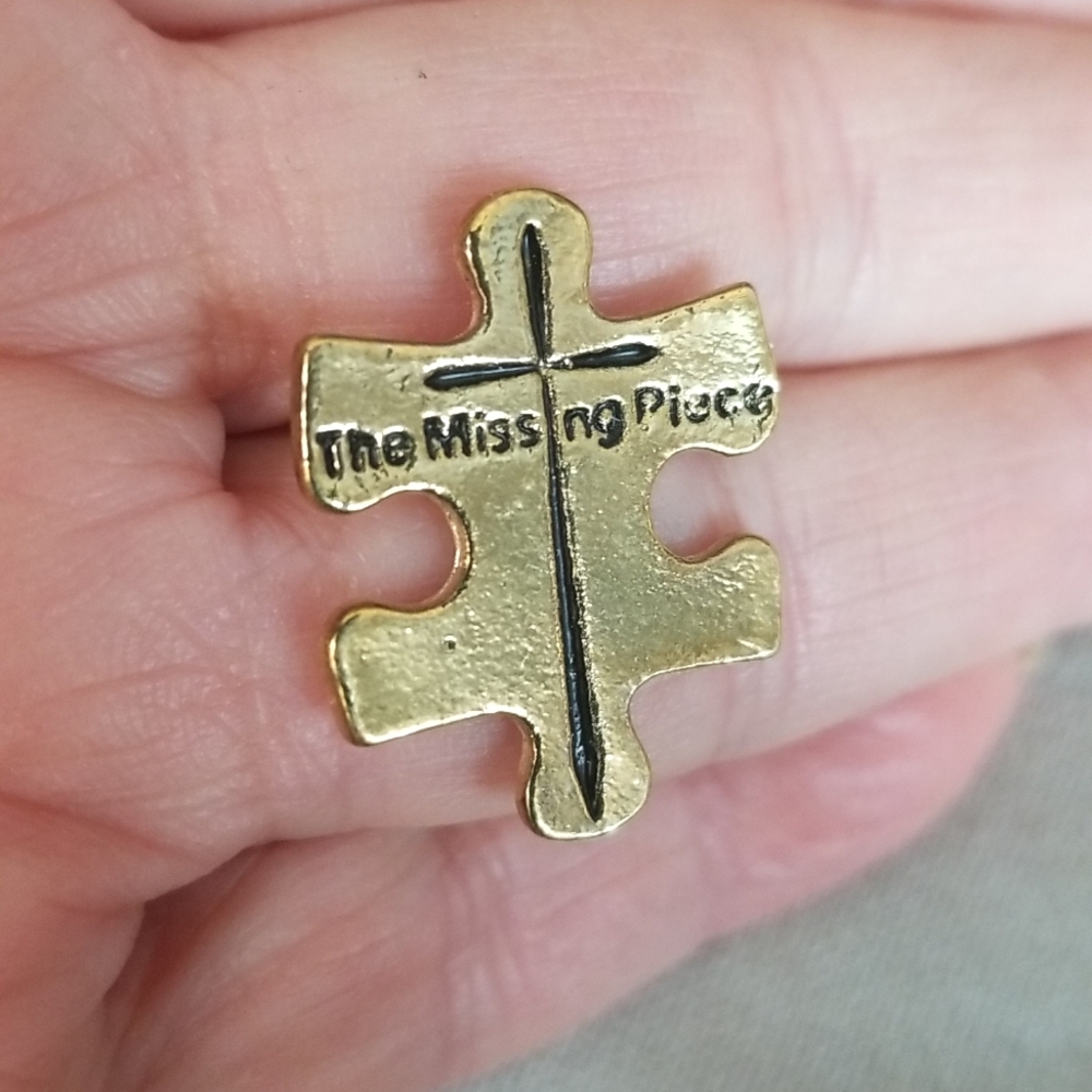 Religious CROSS " The Missing Piece " lapel pin